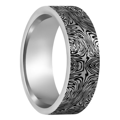 Alianza de boda para hombre de tungsteno negro grabado con patrón de acero de Damasco