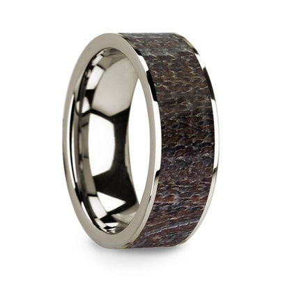 Dark Deer Antler Inlay 14k White Gold Men's Wedding Band