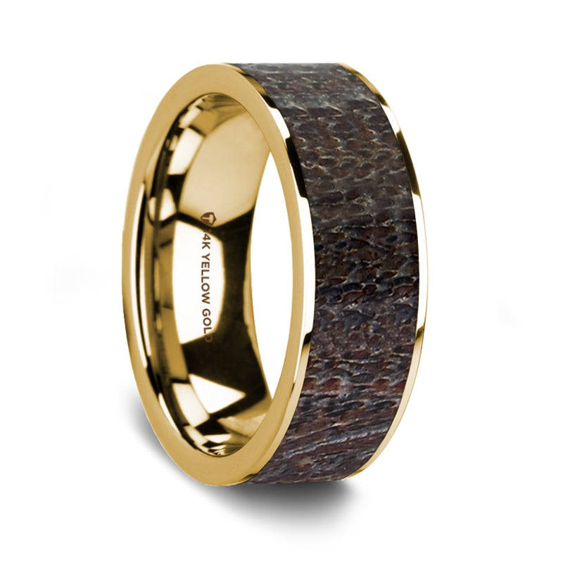 Dark Deer Antler Inlay 14k Yellow Gold Men's Wedding Band