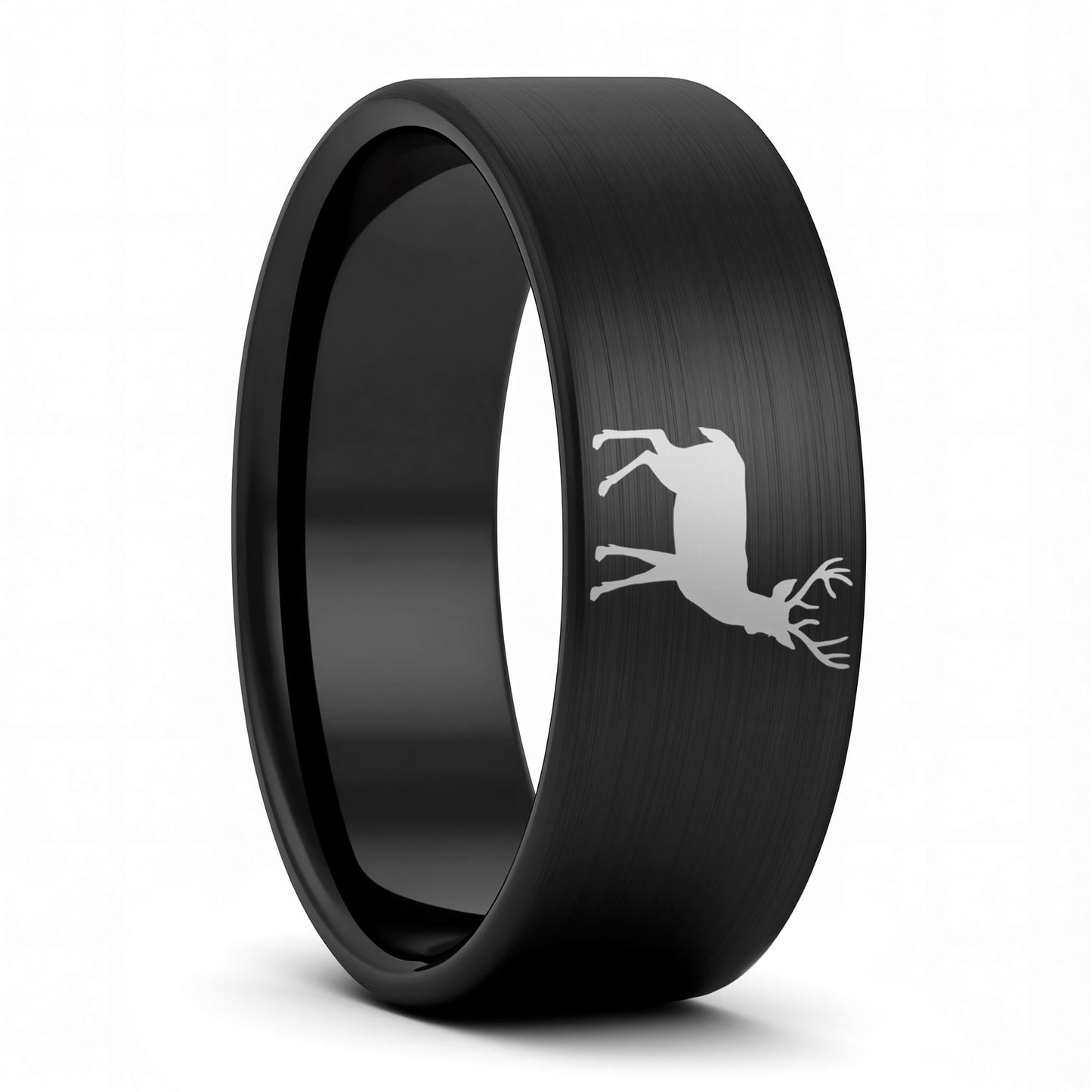 A deer brushed black tungsten men's wedding band displayed on a plain white background.