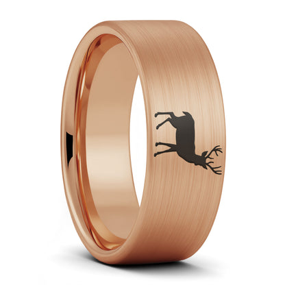 A deer brushed rose gold tungsten men's wedding band displayed on a plain white background.