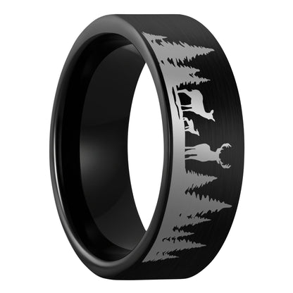 A deer landscape scene brushed black tungsten men's wedding band displayed on a plain white background.