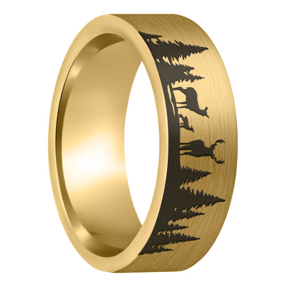 A deer landscape scene brushed gold tungsten men's wedding band displayed on a plain white background.