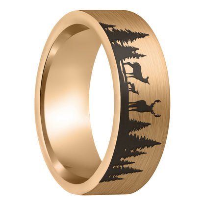 A deer landscape scene brushed rose gold tungsten men's wedding band displayed on a plain white background.