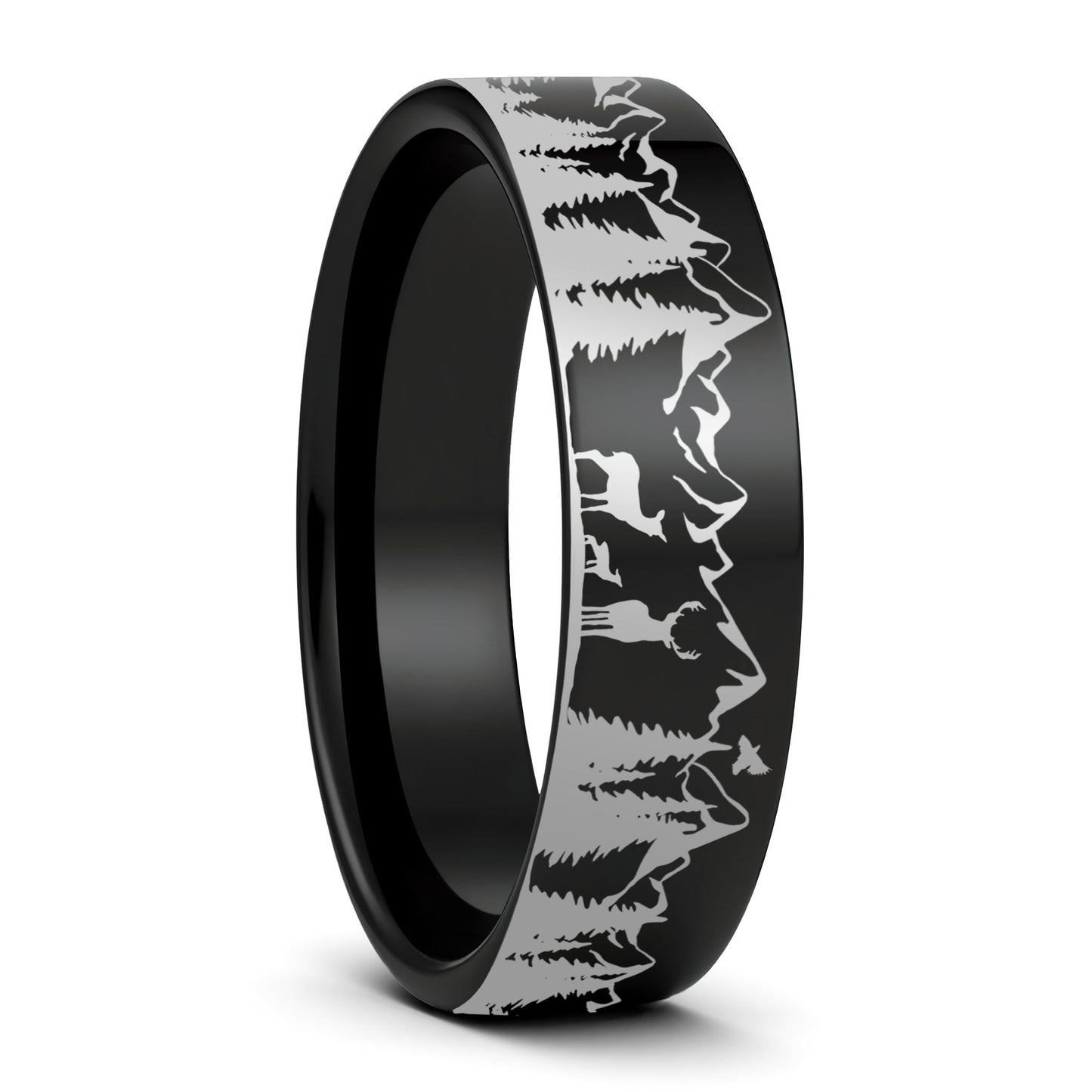 Deer & Mountain Range Tungsten Men's Wedding Band
