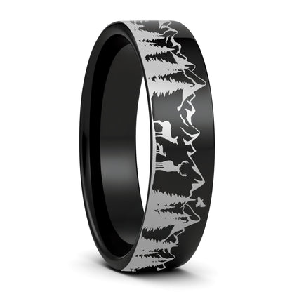 Deer & Mountain Range Tungsten Men's Wedding Band