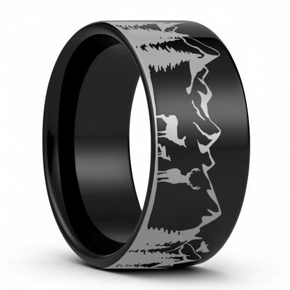 Deer & Mountain Range Tungsten Men's Wedding Band