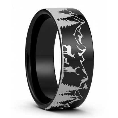 Deer & Mountain Range Tungsten Men's Wedding Band