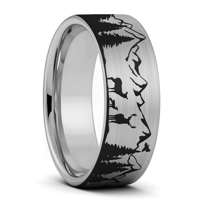 Deer & Mountain Range Tungsten Men's Wedding Band