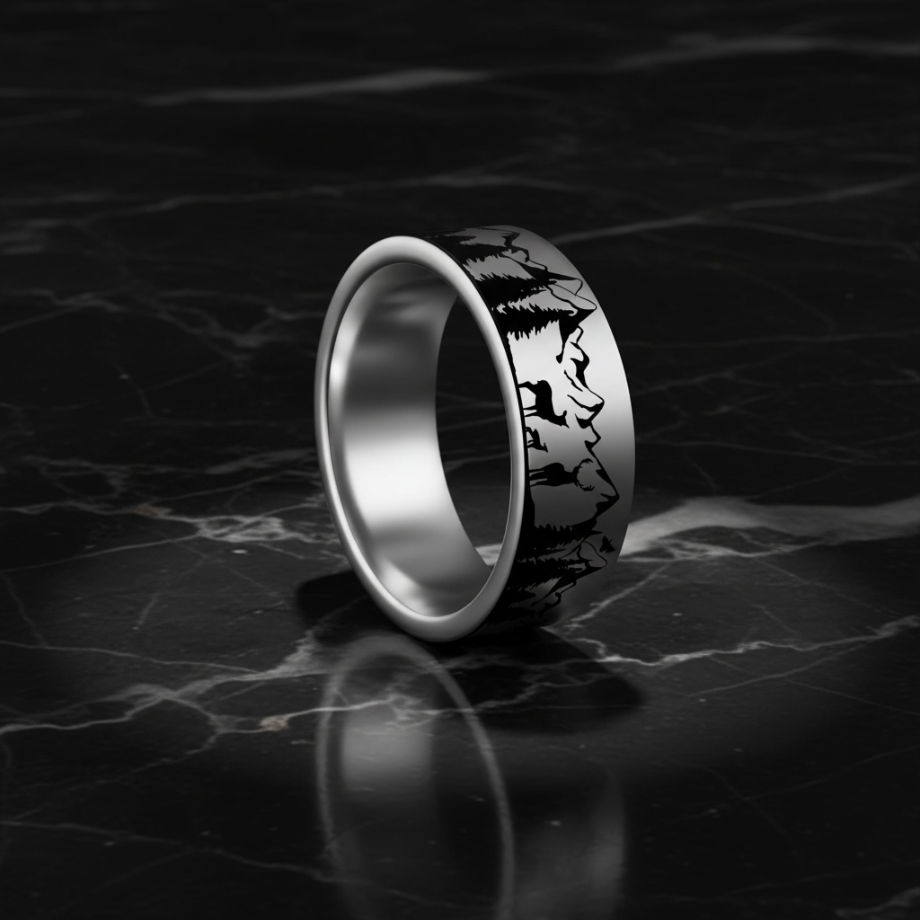 Deer & Mountain Range Tungsten Men's Wedding Band