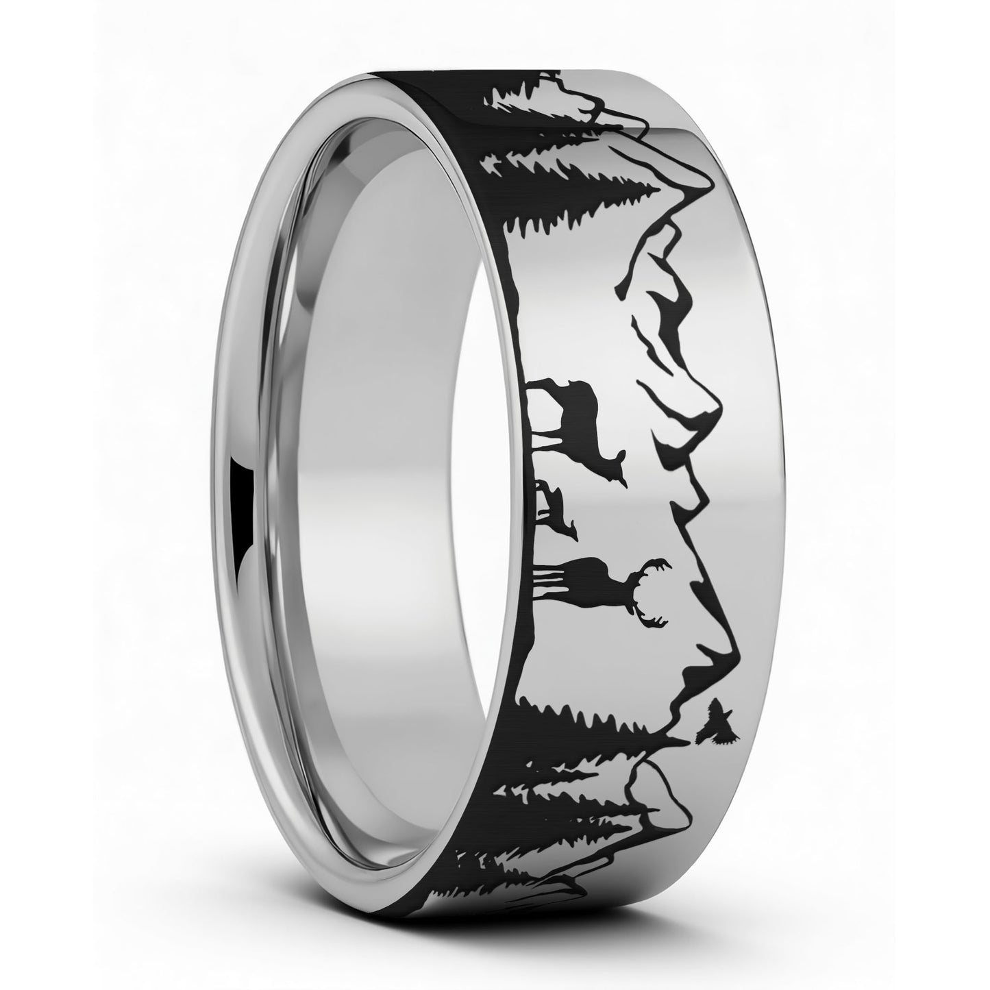 Deer & Mountain Range Tungsten Men's Wedding Band