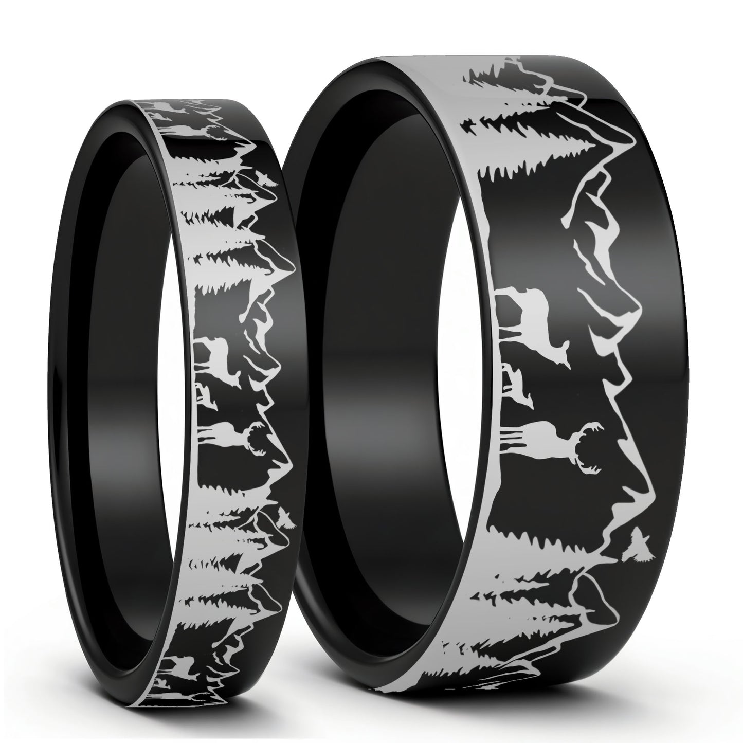 Deer &amp; Mountain Range Ensemble d'alliances assorties pour couple en tungstène noir