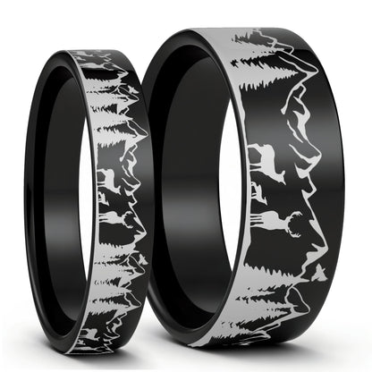 Deer & Mountain Range Tungsten Couple's Matching Wedding Band Set