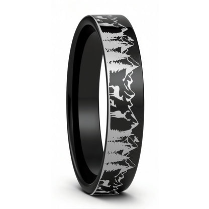 Deer & Mountain Range Tungsten Men's Wedding Band