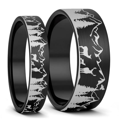 Deer & Mountain Range Brushed Tungsten Couple's Matching Wedding Band Set