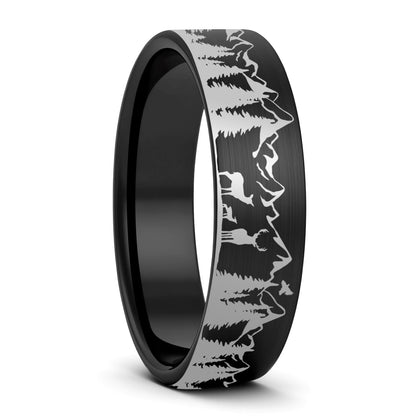 Deer & Mountain Range Tungsten Men's Wedding Band