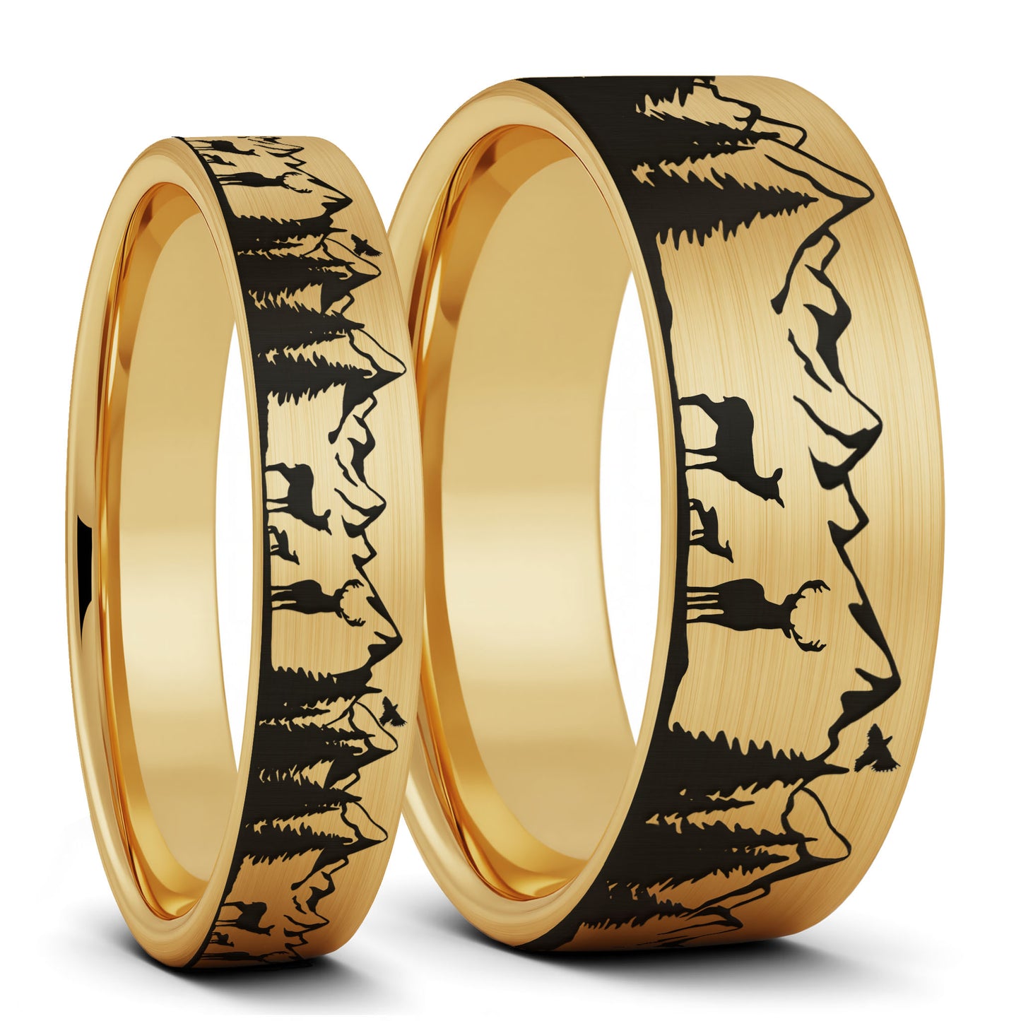 Deer & Mountain Range Brushed Gold Tungsten Couple's Matching Wedding Band Set