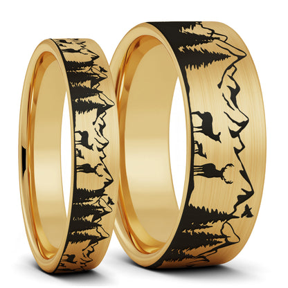 Deer & Mountain Range Brushed Tungsten Couple's Matching Wedding Band Set