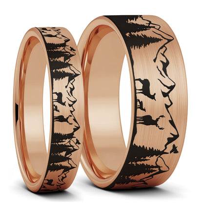 Deer & Mountain Range Brushed Tungsten Couple's Matching Wedding Band Set