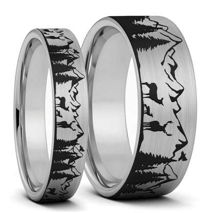 Deer & Mountain Range Brushed Tungsten Couple's Matching Wedding Band Set