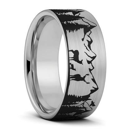 Deer & Mountain Range Tungsten Men's Wedding Band