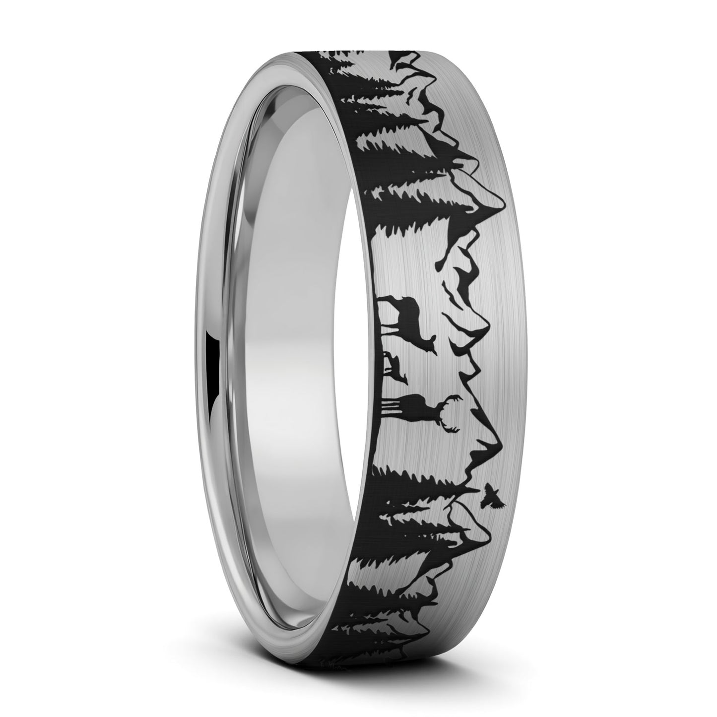 Deer & Mountain Range Tungsten Men's Wedding Band