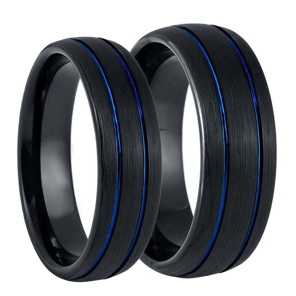 Domed Black Tungsten Couple's Matching Wedding Band Set with Dual Blue Grooves