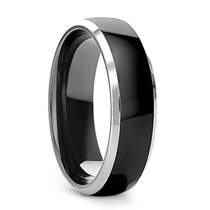 Black Tungsten Domed Couple's Matching Wedding Band Set with Contrasting Silver Edges