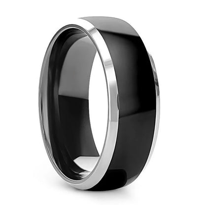 Black Tungsten Domed Couple's Matching Wedding Band Set with Contrasting Silver Edges