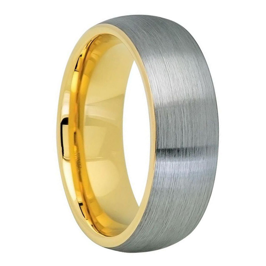 Domed Brushed Tungsten Men's Wedding Band with Contrasting Yellow Gold Interior