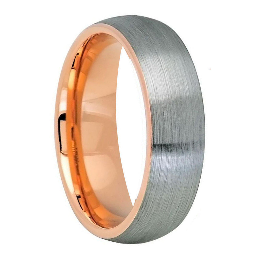 Domed Brushed Tungsten Couple's Matching Wedding Band Set with Contrasting Rose Gold Interior