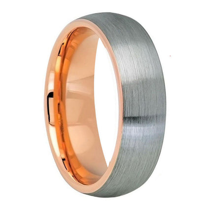 Domed Brushed Tungsten Couple's Matching Wedding Band Set with Contrasting Rose Gold Interior