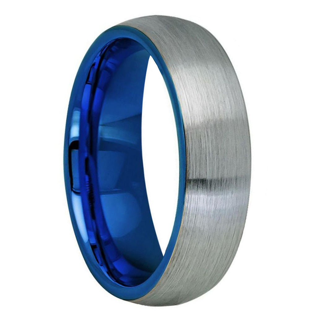 Domed Brushed Tungsten Women's Wedding Band with Contrasting Blue Interior