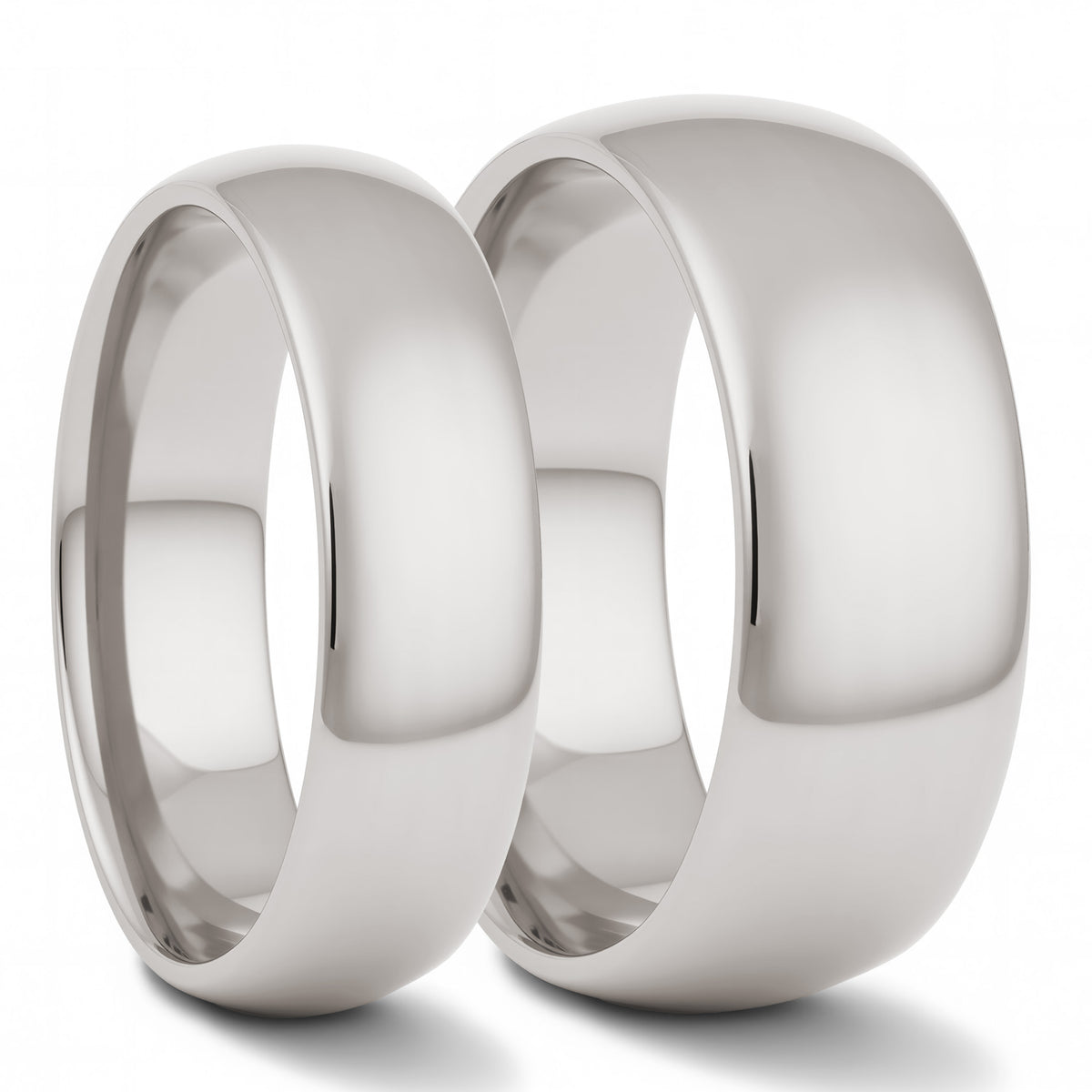 Two polished silver-toned metal bands, one smaller and one larger, shown standing upright against a clean white background.
