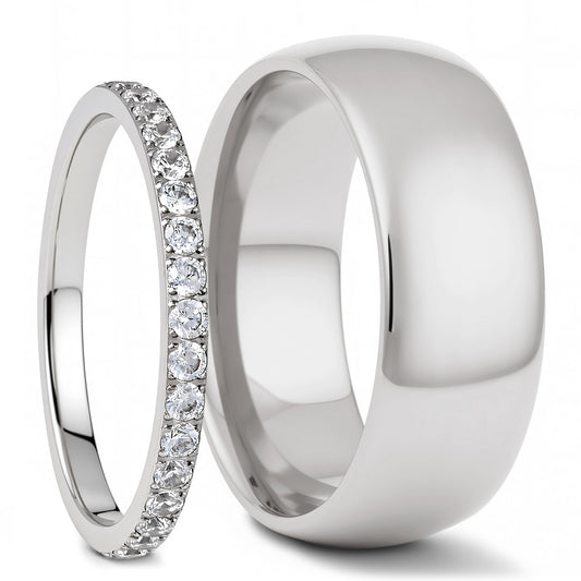 Domed Titanium & Cubic Zirconia Couple's Wedding Band Set