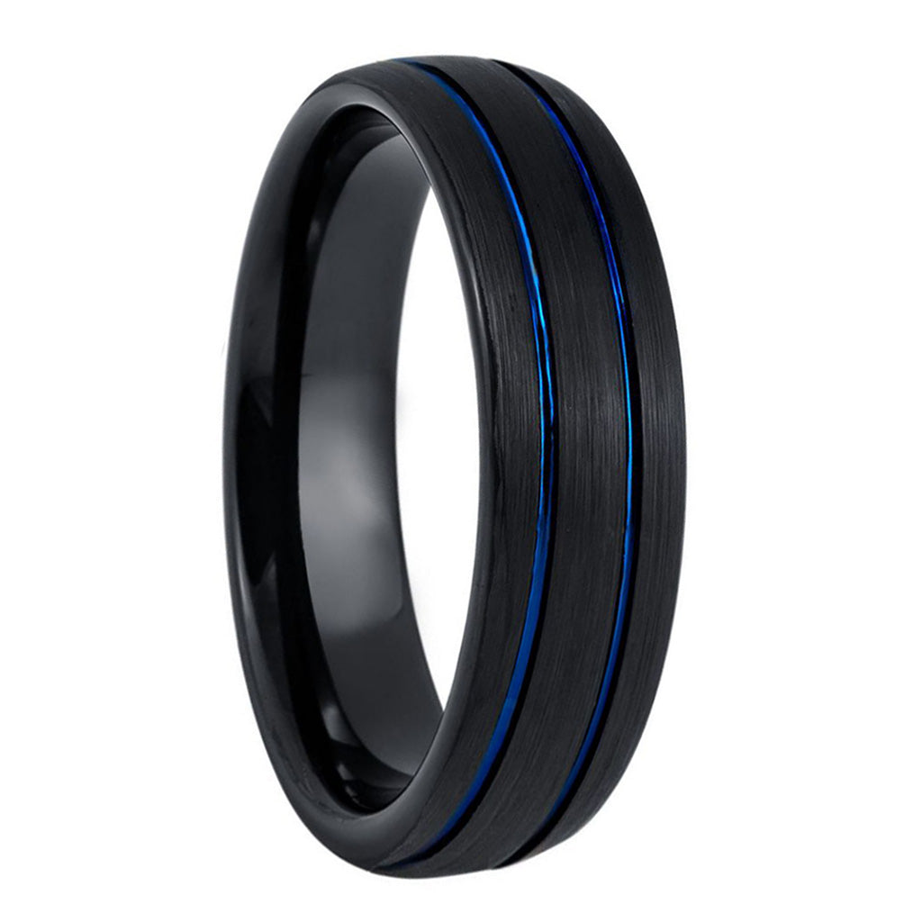 Dual Blue Groove Brushed Domed Black Tungsten Men's Wedding Band