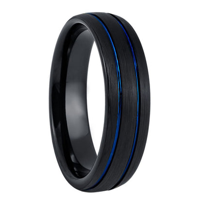Dual Blue Groove Brushed Domed Black Tungsten Men's Wedding Band