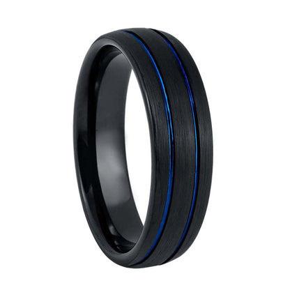 Dual Blue Groove Brushed Domed Black Tungsten Men's Wedding Band