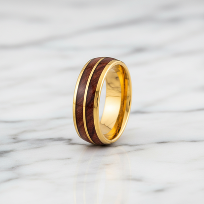 Alliance pour hommes en tungstène doré incrusté de bois de Koa double