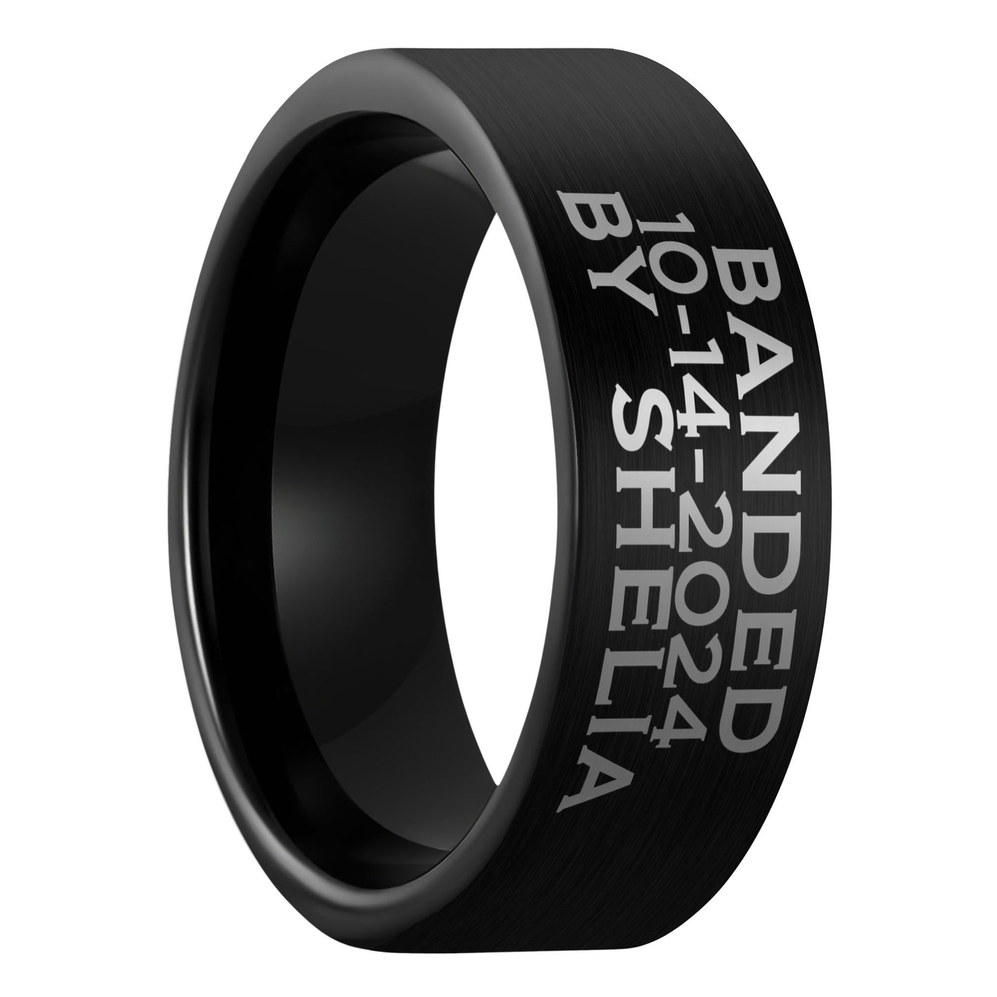 A duck band custom engraved brushed black tungsten men's wedding band displayed on a plain white background.