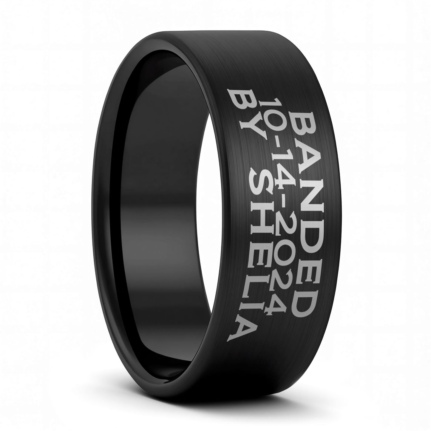 A duck band custom engraved brushed black tungsten men's wedding band displayed on a plain white background.