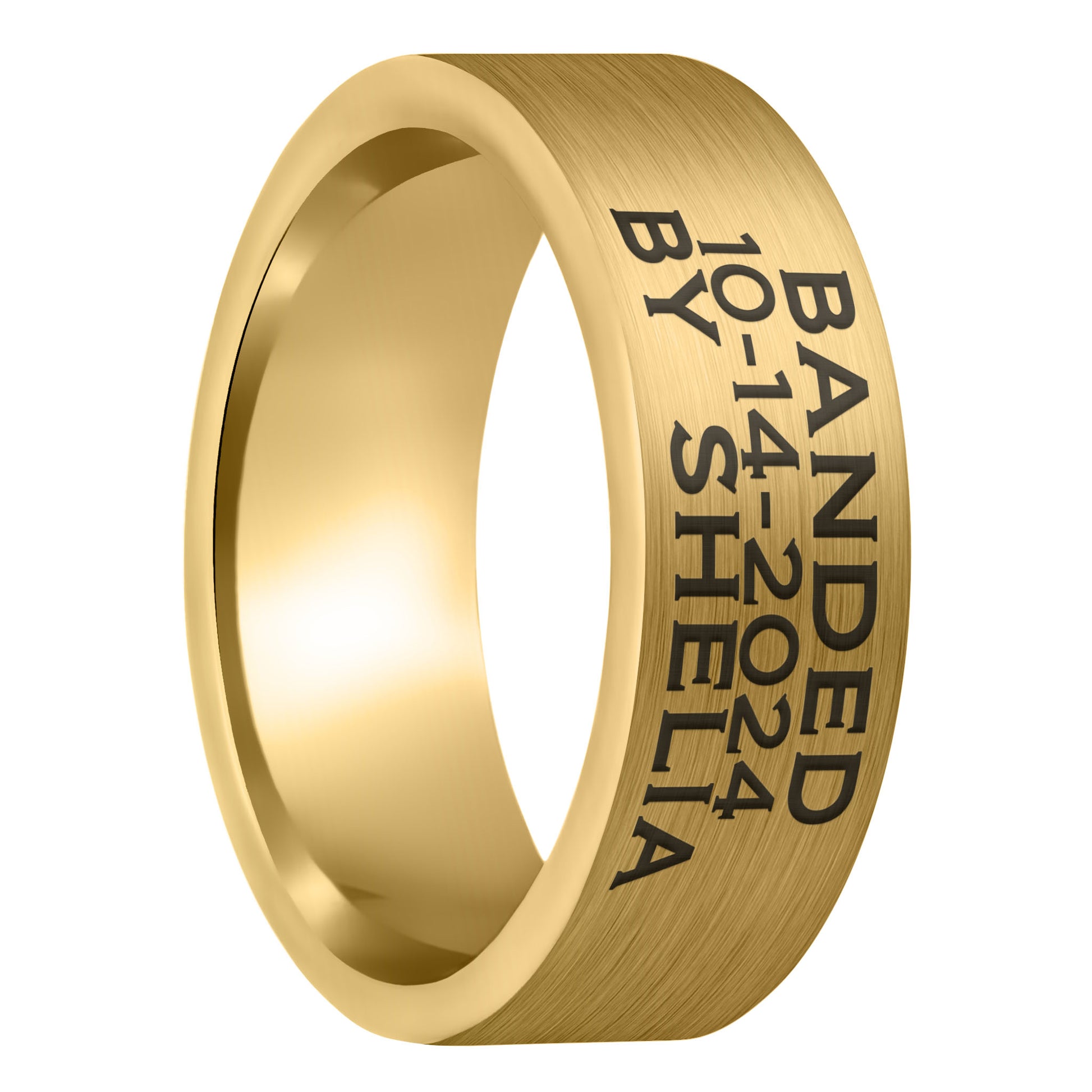 A duck band custom engraved brushed gold tungsten men's wedding band displayed on a plain white background.