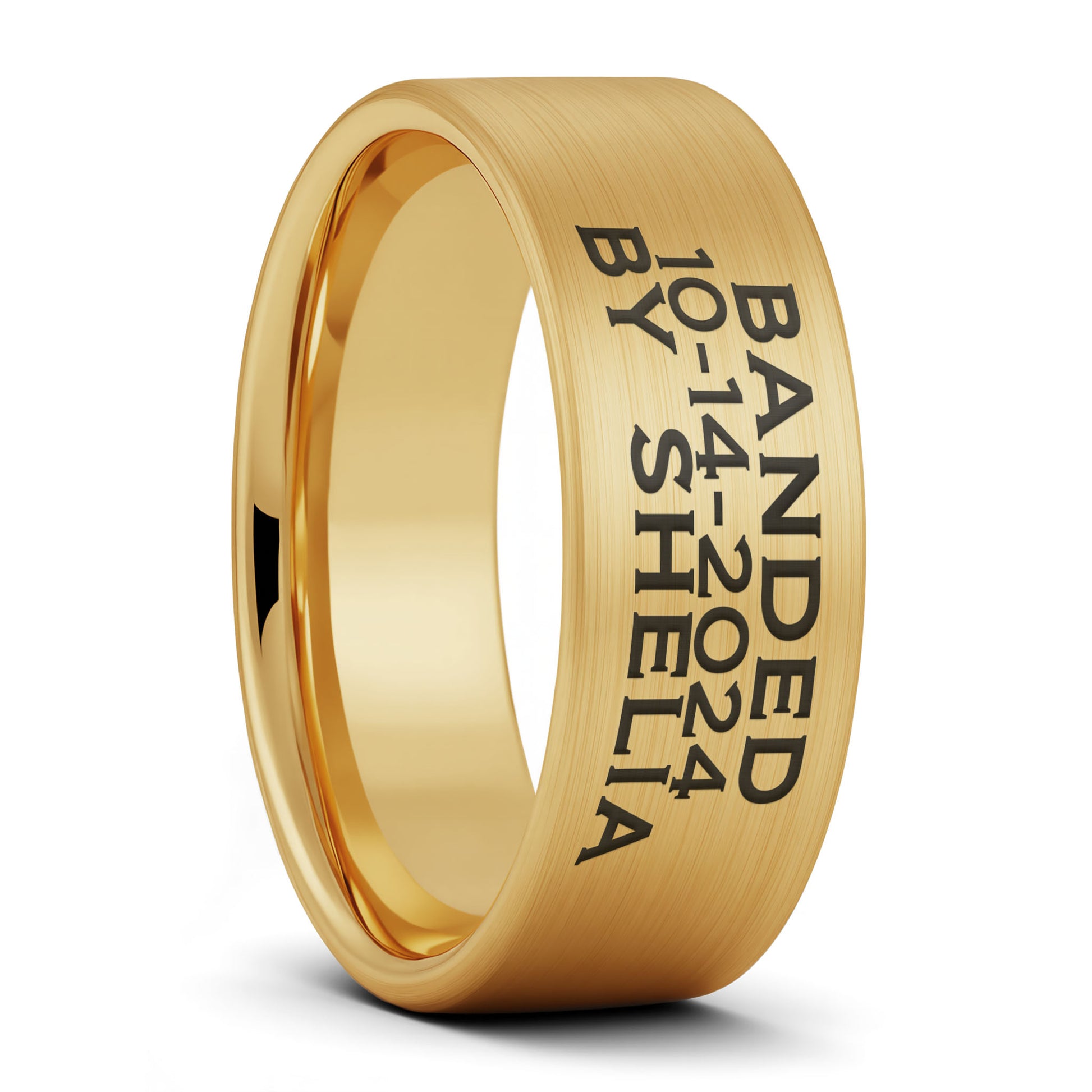 A duck band custom engraved brushed gold tungsten men's wedding band displayed on a plain white background.