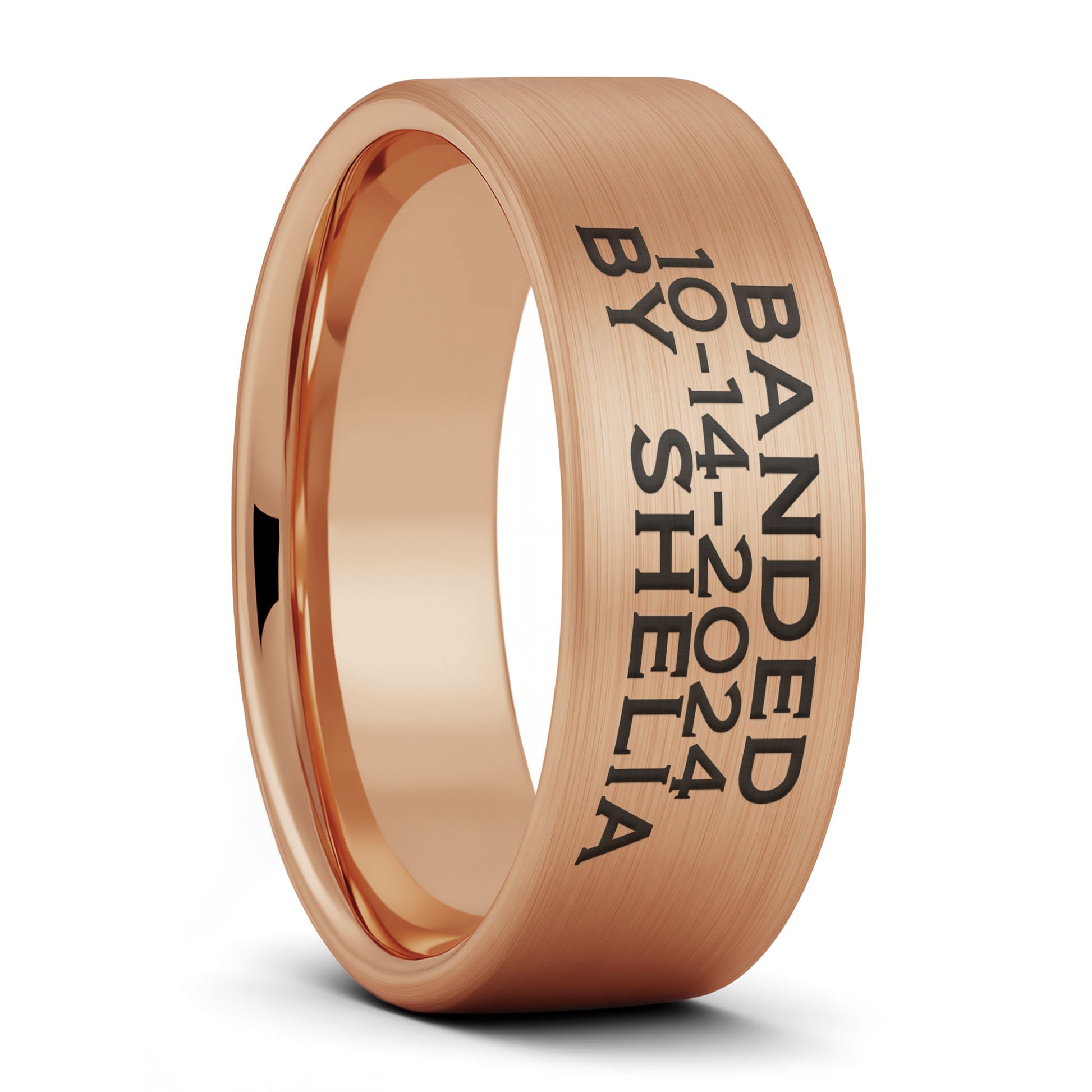 A duck band custom engraved brushed rose gold tungsten men's wedding band displayed on a plain white background.