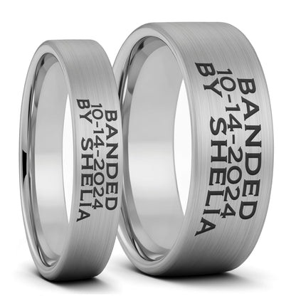 Duck Band Custom Engraved Brushed Tungsten Couple's Matching Ring Set