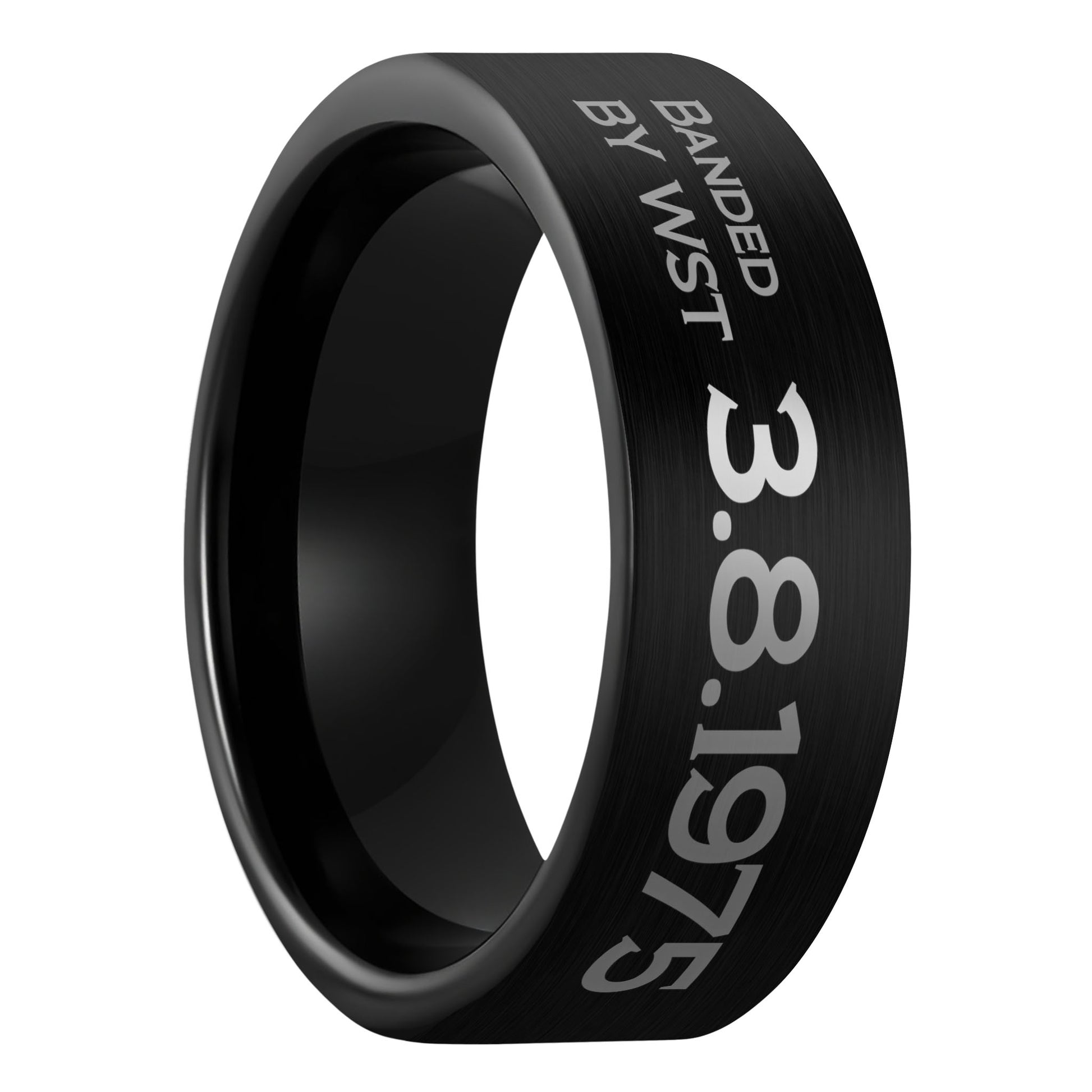 A duck band style custom engraved brushed black tungsten men's wedding band displayed on a plain white background.