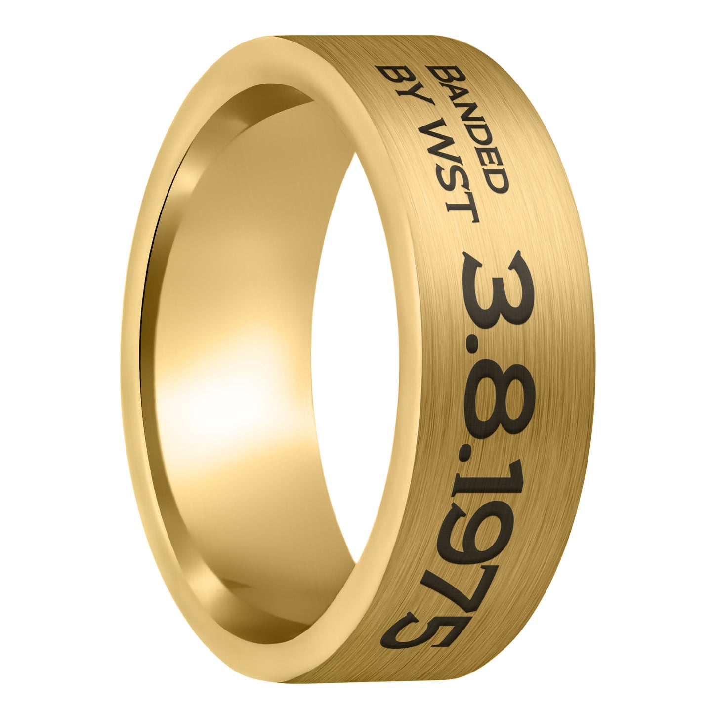 A duck band style custom engraved brushed gold tungsten men's wedding band displayed on a plain white background.