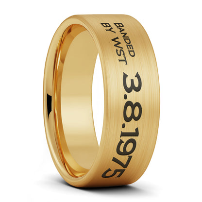 A duck band style custom engraved brushed gold tungsten men's wedding band displayed on a plain white background.