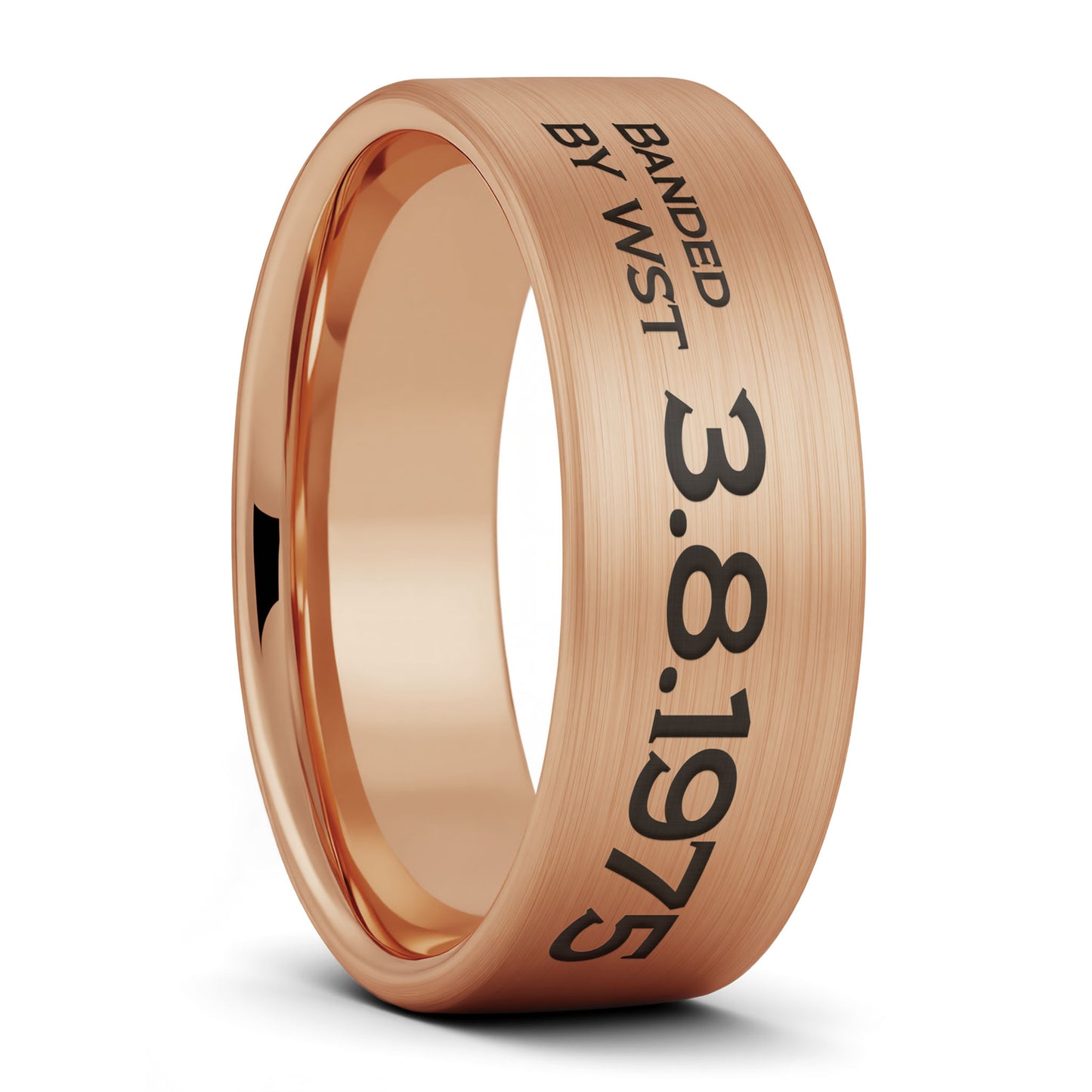 A duck band style custom engraved brushed rose gold tungsten men's wedding band displayed on a plain white background.