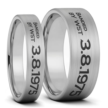 Duck Band Style Custom Engraved Brushed Tungsten Couple's Matching Ring Set